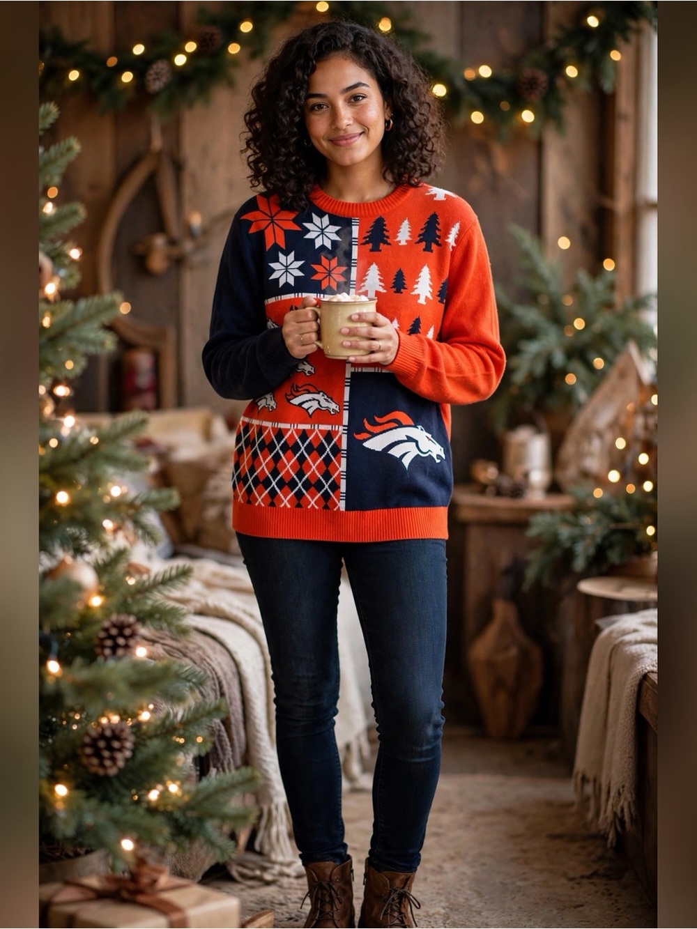 NFL DENVER BRONCOS UGLY CHRISTMAS SWEATER NWT WOMENS M NAVY ORANGE HOLIDAY KNIT
